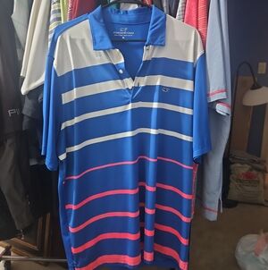 Vineyard Vines Blue Polo with White and Pink Stripes
